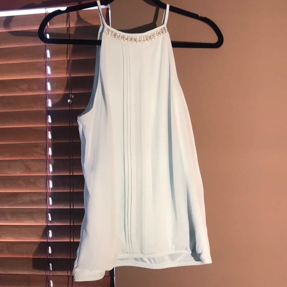 Express mint tank with diamond pearl detail at neckline